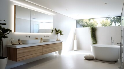 Fototapeta na wymiar Scandinavian Minimalist Design Bathroom, Walk-in shower, Tile and wood, IKEA style, Refreshing Morning in Beverly Hills, USA - Generative AI