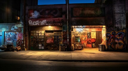 Urban Alley Street Scene, Graffiti Art Walls, Ambient Storefront, Atmospheric Evening, Moody, Derelict, Vintage Feel in Downtown City Vibe - Generative AI - obrazy, fototapety, plakaty