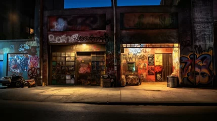 Foto op Plexiglas Urban Alley Street Scene, Graffiti Art Walls, Ambient Storefront, Atmospheric Evening, Moody, Derelict, Vintage Feel in Downtown City Vibe - Generative AI © Sparkls