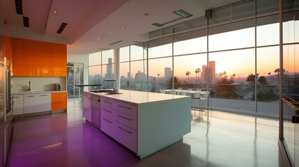 Fototapeta premium Minimalist Sleek Modern Colorful Kitchen, Island bench, Stainless steel and glass, Bright Warm Colors, Late Afternoon in Downtown LA - Generative AI