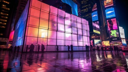 Digital Art Building LED screen wall, Smooth glass, RGB spectrum, LED light, Times Square in Night, New York, USA Futuristic, Techno Style - Generative AI
