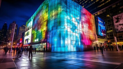 Digital Art Building LED screen wall, Smooth glass, RGB spectrum, LED light, Times Square in Night, New York, USA Futuristic, Techno Style - Generative AI