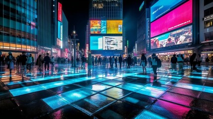 Digital Art High Tech Holographic projection City Exterior Buildings Design , RGB spectrum, Projected light, Futuristic Night in Tokyo Shibuya Crossing, Night - Generative AI - obrazy, fototapety, plakaty