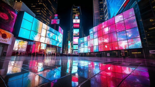 Digital Art Building LED screen wall, Smooth glass, RGB spectrum, LED light, Times Square in Night, New York, USA Futuristic, Techno Style - Generative AI