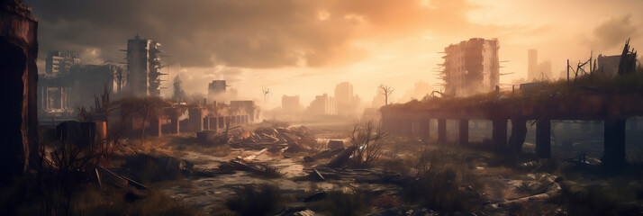 post apocalyptic skyline, ruined skyscrapers, banner, generative AI