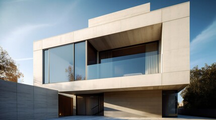 Contemporary Mansion Design Exterior with Minimalist facade, Concrete and glass, Neutral minimalist tones, Noon in Brentwood, Contemporary Modern Architecture - Generative AI