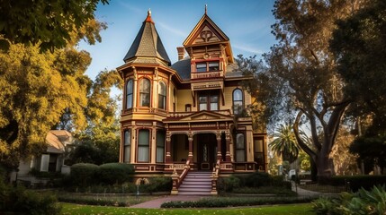Fototapeta premium Victoria Mansion with Ornate detailing, Wood and brick, Natural sunlight in Historic District in Los Angeles, USA, Morning, Regal - Generative AI