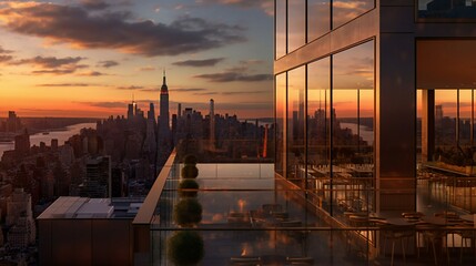 Modern Luxurious Apartment Complex, Rooftop pool,
High detail, Cool hues, Foster + Partners, High End New York City in the Sunset, Chic High-rise - Generative AI 
