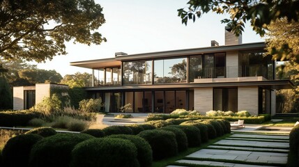 Modern Luxurious Mansion, Landscaped gardens, Stone and greenery, Natural sunlight, Hamptons, USA Serene natural morning in the forest - Generative AI - obrazy, fototapety, plakaty