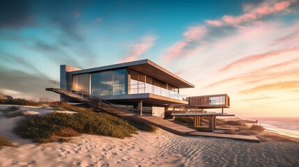 Modern Luxurious Beach House, Ocean-facing facade, Glass and wood,  Blues and browns accents, Versace style, Sunset with natural light in Malibu - Generative AI - obrazy, fototapety, plakaty