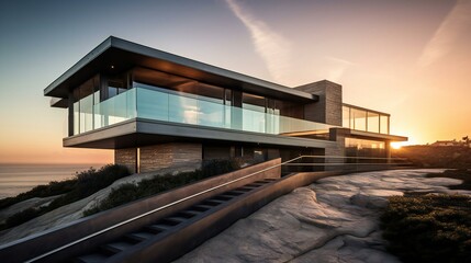 Modern Luxurious Beach House, Ocean-facing facade, Glass and wood,  Blues and browns accents, Versace style, Sunset with natural light in Malibu - Generative AI