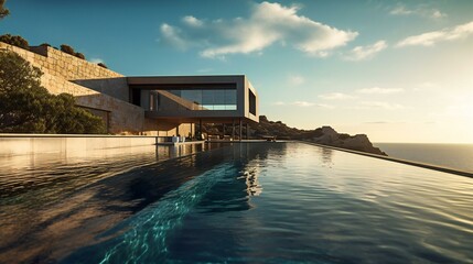 Modern Luxurious Design Exterior, Mansion, Glass facade, Concrete and glass, Fendi Casa, Sunny day in Miami, Midday, Elegant, Modern Architecture - Generative AI