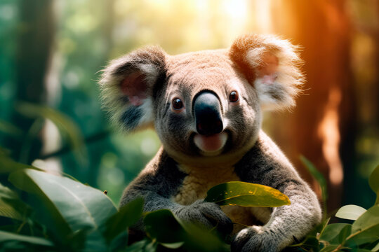 friendly and charismatic koala character involved in an everyday activity, animal influencer, animals banner, Generative AI