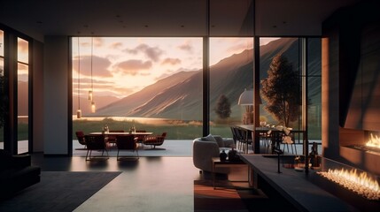 Dreamy Modern Luxurious Design Interior Real Estate Mountain Sunset Nature Forest - Generative AI