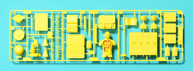 Minimal background for education concept. Yellow plastic model kit of back to school element on blue background. 3d rendering illustration. Object isolate clipping path included.
