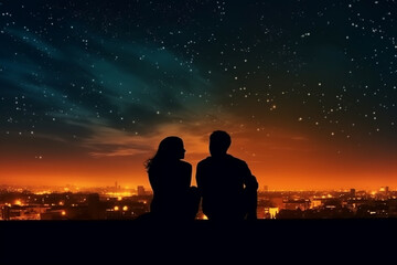 Fototapeta na wymiar Silhouette of a loving couple sitting on the balcony and looking at the night sky with stars with Generative AI.