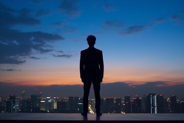Fototapeta premium Silhouette of a businessman standing on the balcony and looking at the city at sunset with Generative AI.