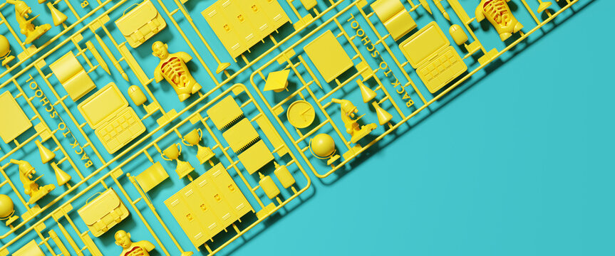Minimal background for education concept. Yellow plastic model kit of back to school element on blue background. 3d rendering illustration. Object isolate clipping path included.