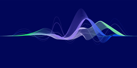 Data transmission, sound wave, technology, space transformation. Abstract green-purple-blue wave on a blue background for web design, presentation design, web banners. Vector illustration