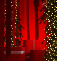 Minimal winter product background for Christmas, New year and sale event concept. Red gift box with red stripe ribbon on red background. 3d render illustration. Clipping path of each element included.