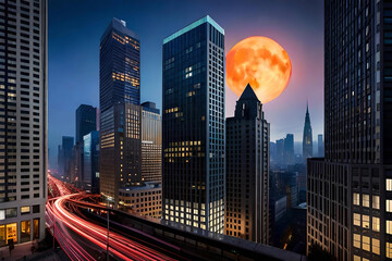 In the heart of a bustling city, the moon emerges from behind a skyscraper, its soft glow reflecting off the glass facades of surrounding buildings