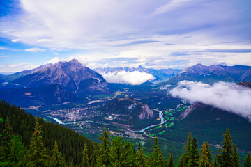 Panoramic view of Banff and Bow River valley from the top of Sulphur Mountain