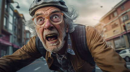 Elderly man with a fearful look faces the city traffic on her bicycle - ai generative