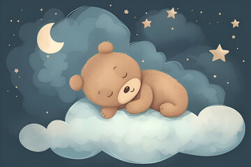Illustration of a teddy bear sleeping on a cloud, Generative AI 6 - obrazy, fototapety, plakaty