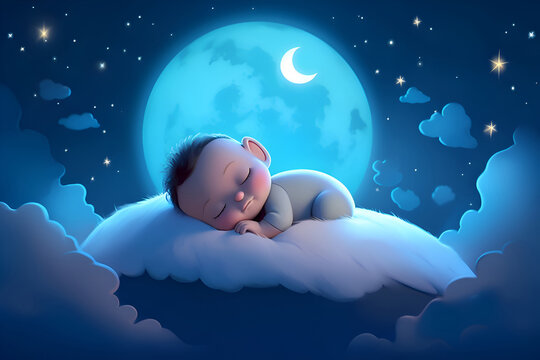 The baby sleeps on a cloud under the stars, cozy sleep, Generative AI