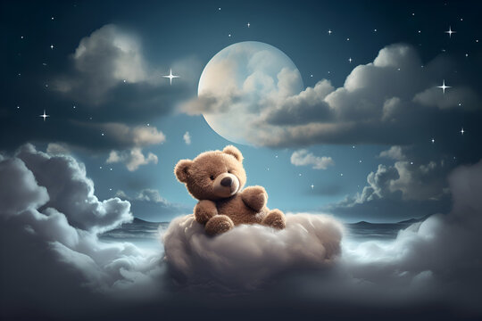 Naklejka Illustration of a teddy bear sleeping on a cloud, Generative AI