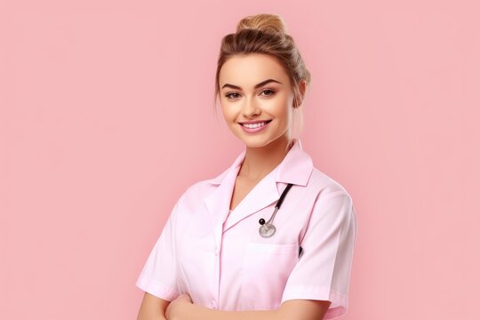 Photo of beautiful doctor woman posing in front of pink background. Generative AI