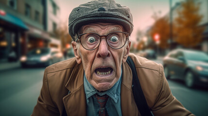 Elderly man with a fearful look faces the city traffic on her bicycle - ai generative