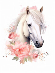 Fototapeta na wymiar Portrait of a beautiful white horse crowned with pink flowers. Created by AI.