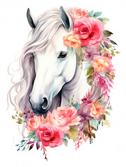 Portrait of a beautiful white horse crowned with pink flowers. Created by AI.