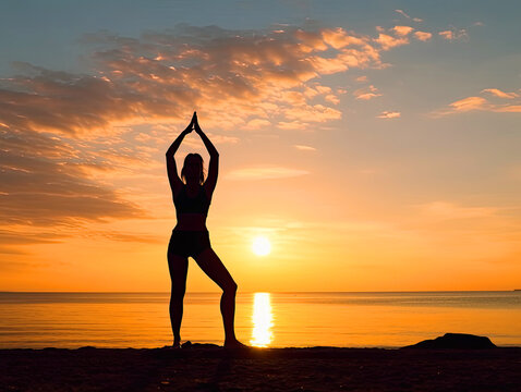 The silhouette of a slender girl doing yoga . Healthy lifestyle. Created by AI.