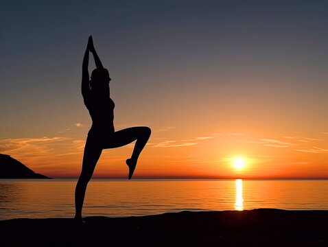 The silhouette of a slender girl doing yoga . Healthy lifestyle. Created by AI.