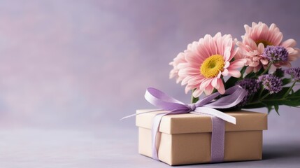 gift boxes and flowers on color background AI generative