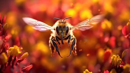 a diligent bumblebee hovers gracefully over a delicate wildflower, its fuzzy body and outstretched proboscis in perfect focus. Generative AI