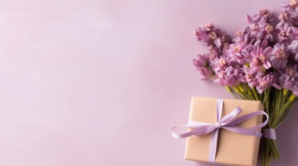 Fototapeta premium gift boxes and flowers on color background AI generative