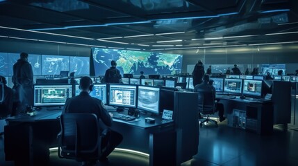 cybersecurity team monitors behind the monitor. generative ai