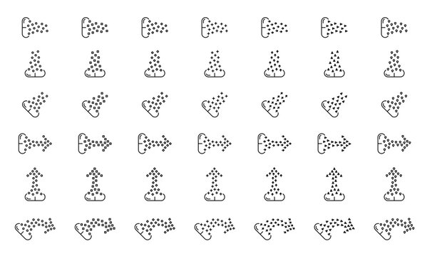 Pill with pharmaceutical. The active ingredient comes out of the dissolving capsule. Capsule with drug substance in the shape of circle, square, lozenge, plus sign, arrow, triangle, shield. Icons set