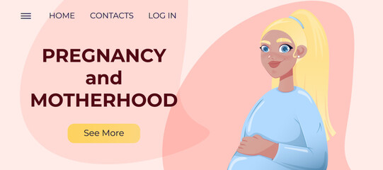  beautiful pregnant woman landing page. Pregnancy and motherhood. girl holding a pregnant belly. Vector illustration
