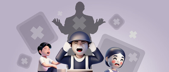 International Day Against Child Labour. Campaign concept against child labour in dark purple background. June 12, crying, grieving, protection and help -3d rendering