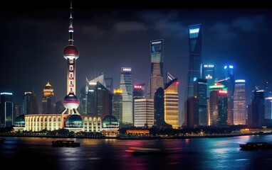 Obraz premium Shanghai at night, China, Generative AI