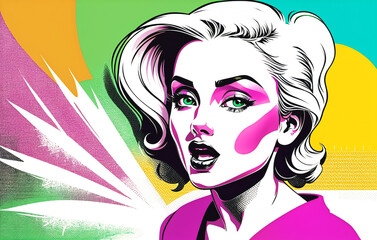 Pop art woman in comics style on color background. Generative AI.