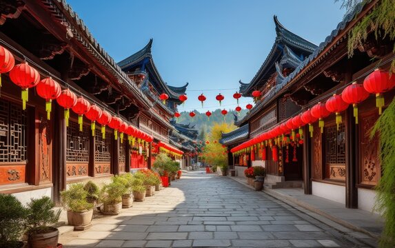 Street decorated with traditional red lanterns, Lijiang, China, Generative AI