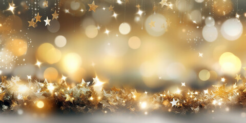 Christmas background with golden stars and bokeh. Generative AI.