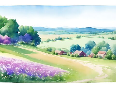 Watercolor illustration depicts summer countryside scene, generative ai.

