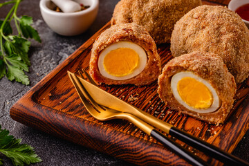 Traditional Scotch Eggs on a wooden board.
