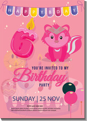 Sixth birthday party greeting card with pink background and cool birthday cake.